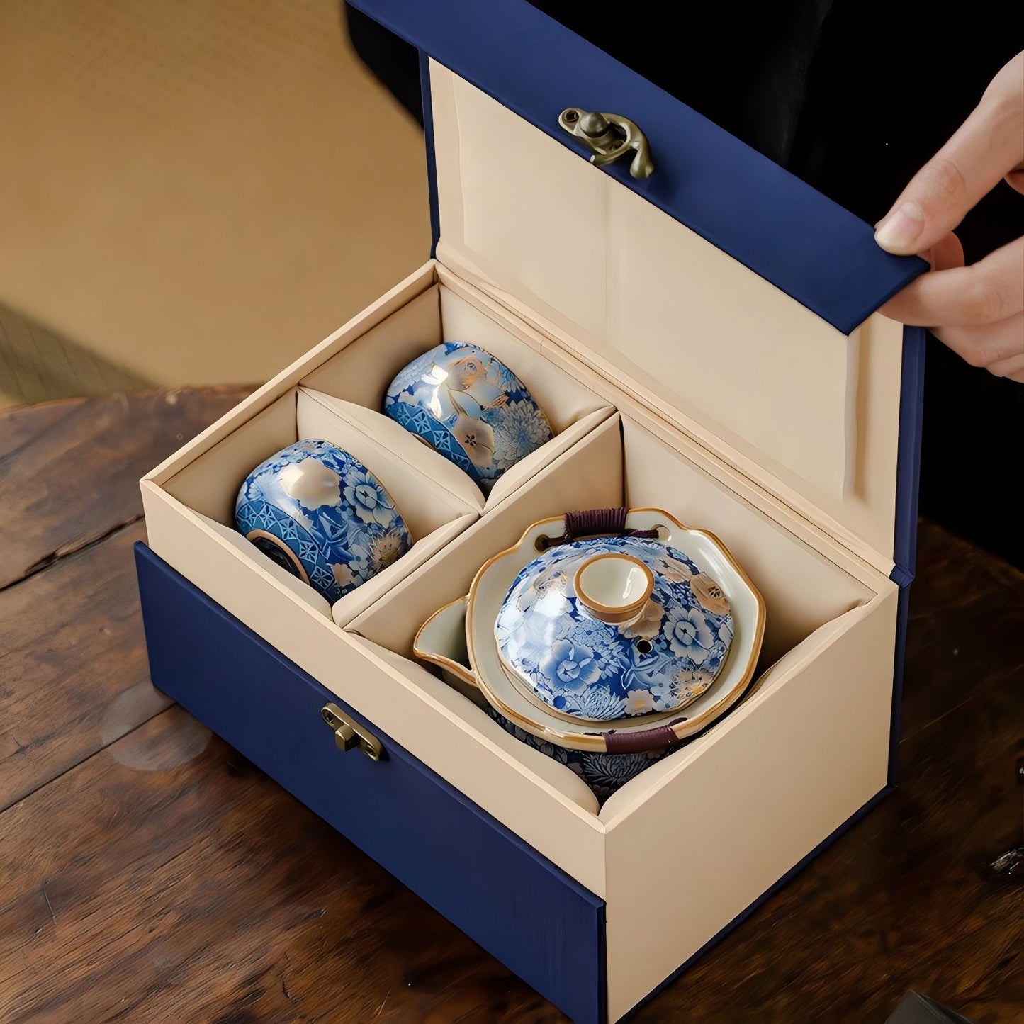 Floral Ru Kiln Handheld Teapot Set Gift Box