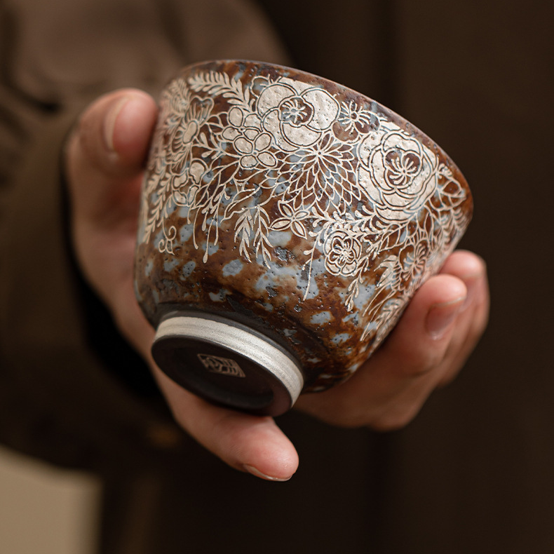 Old Rock Clay Floral Silver Gilded Teacup