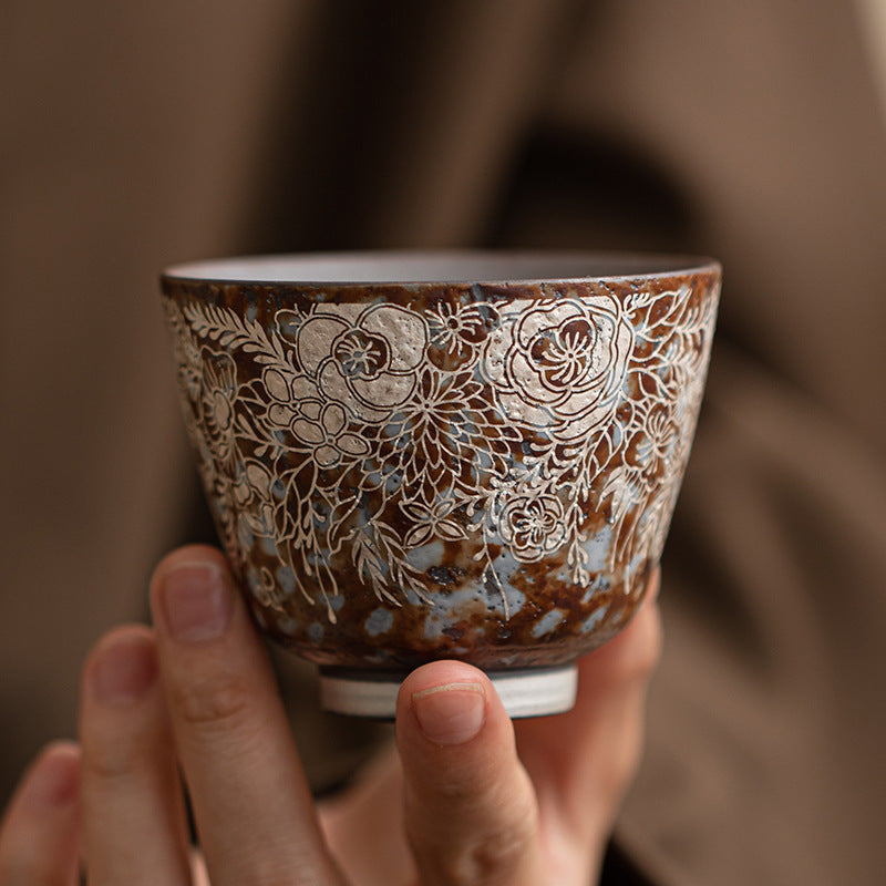 Old Rock Clay Floral Silver Gilded Teacup