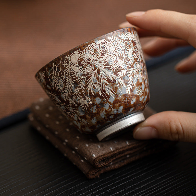 Old Rock Clay Floral Silver Gilded Teacup