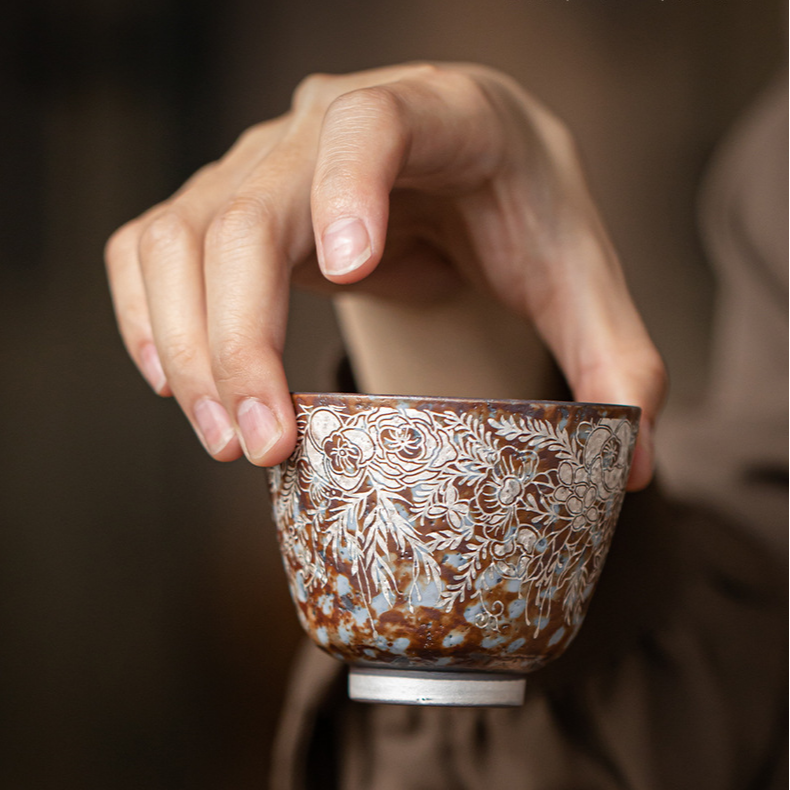 Old Rock Clay Floral Silver Gilded Teacup