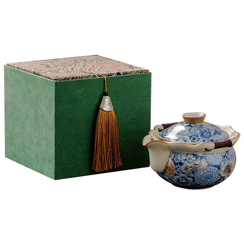 Floral Ru Kiln Handheld Teapot Set Gift Box